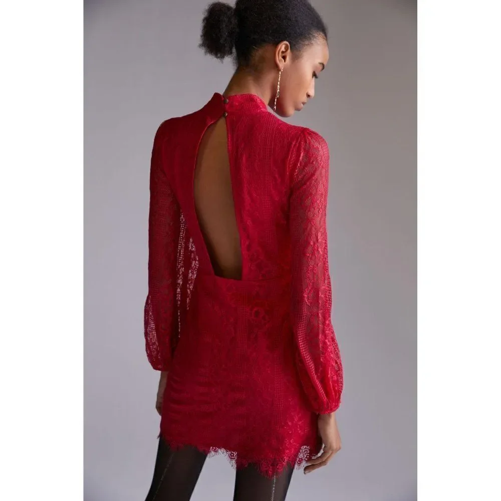 Anthropologie Maeve Open Back Lace Mini Dress Raspberry 12 Pockets Romantic Date
